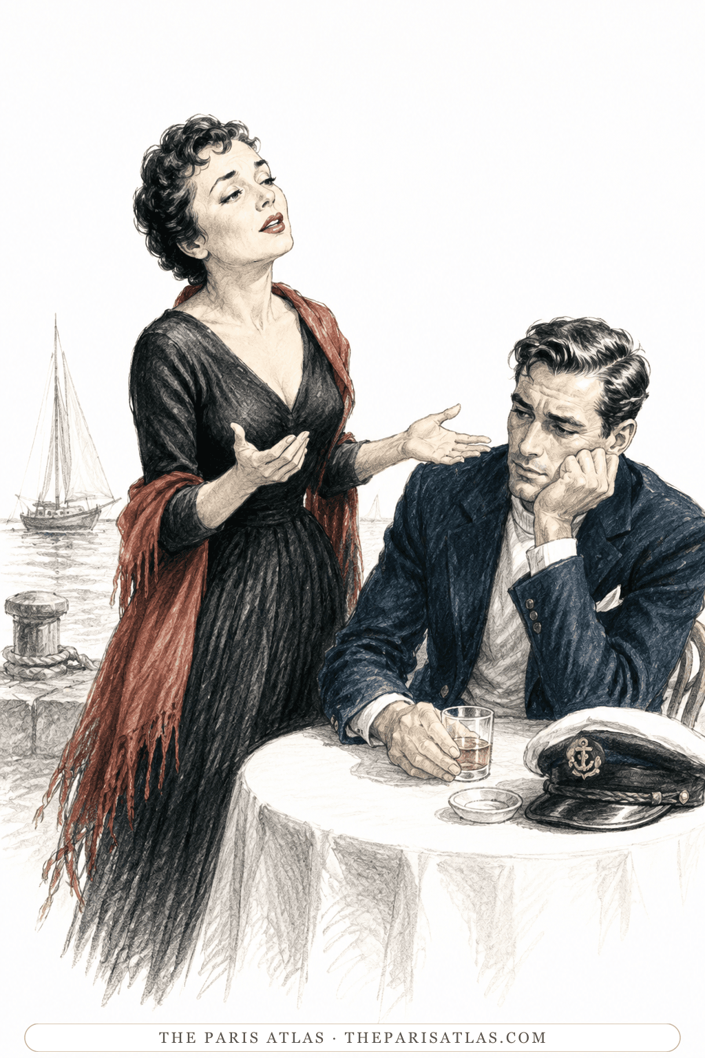 A woman in a black dress and red shawl gestures in song to a downcast, well-dressed man slumped at a harbor café table, a captain's cap by his glass and a sailboat on the water behind