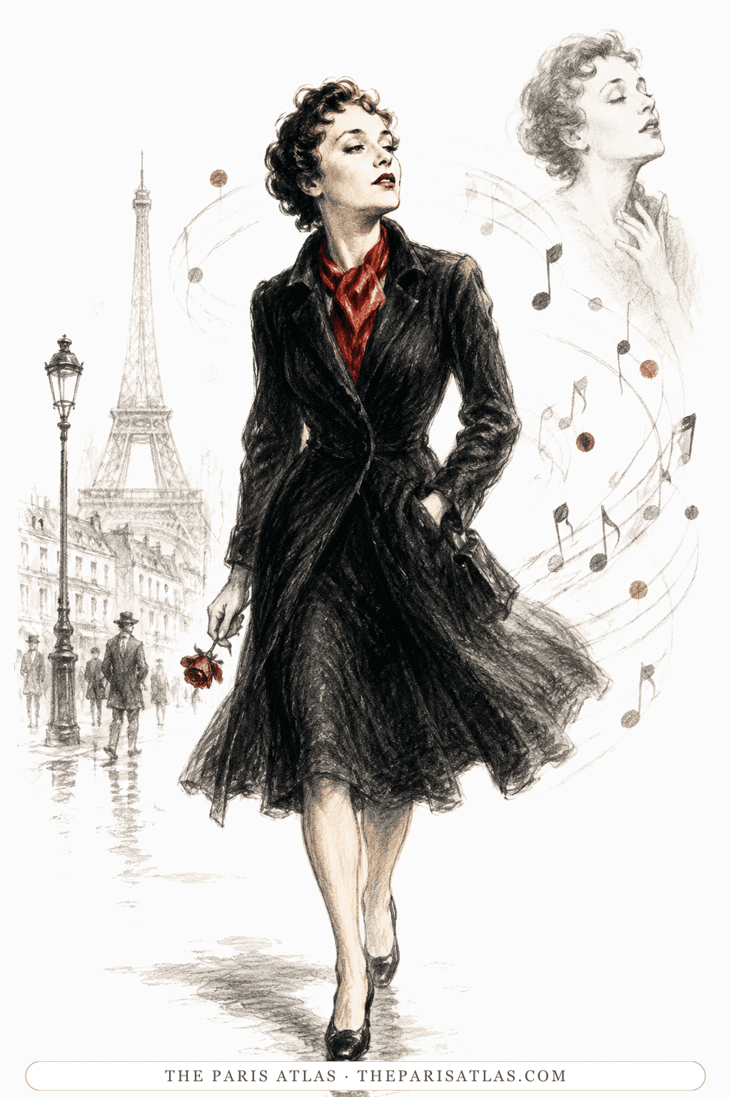 A woman in a black coat strides forward down a wet Paris street holding a red rose, musical notes swirling behind her toward the Eiffel Tower