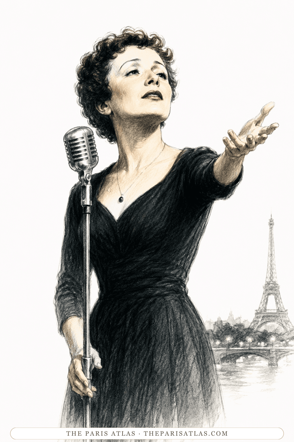 A singer at a vintage microphone lifts one arm as she sings, the Eiffel Tower and a Seine bridge behind her