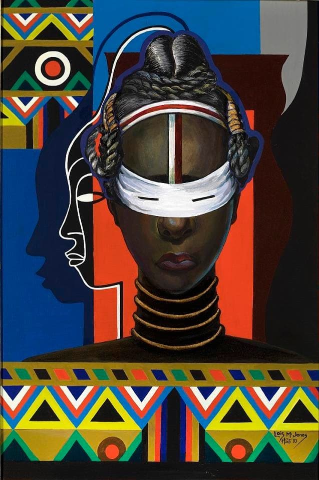 Initiation, Liberia: dark helmet masks and elongated figures in profile against flat bands of saturated colour and geometric pattern
