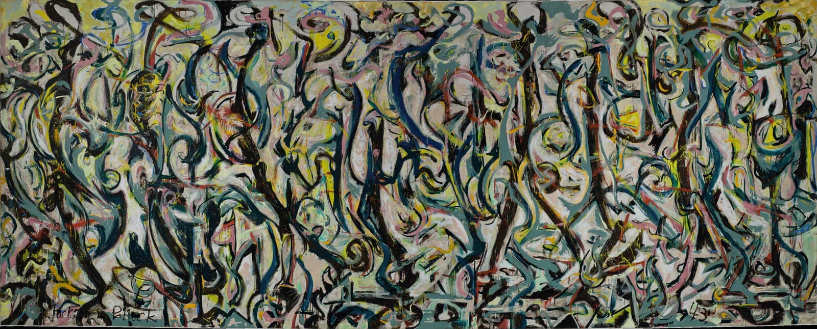 A canvas almost six metres wide filled with vertical loops and hooks of dark brown-black, each shadowed by a slower curve in slate teal, over a ground of cream, pale yellow and rose pink. A pale blue-grey band runs along the top edge and a dark horizontal band along the bottom, with long drips hanging below it. The signature Jackson Pollock reads in black script at the lower left