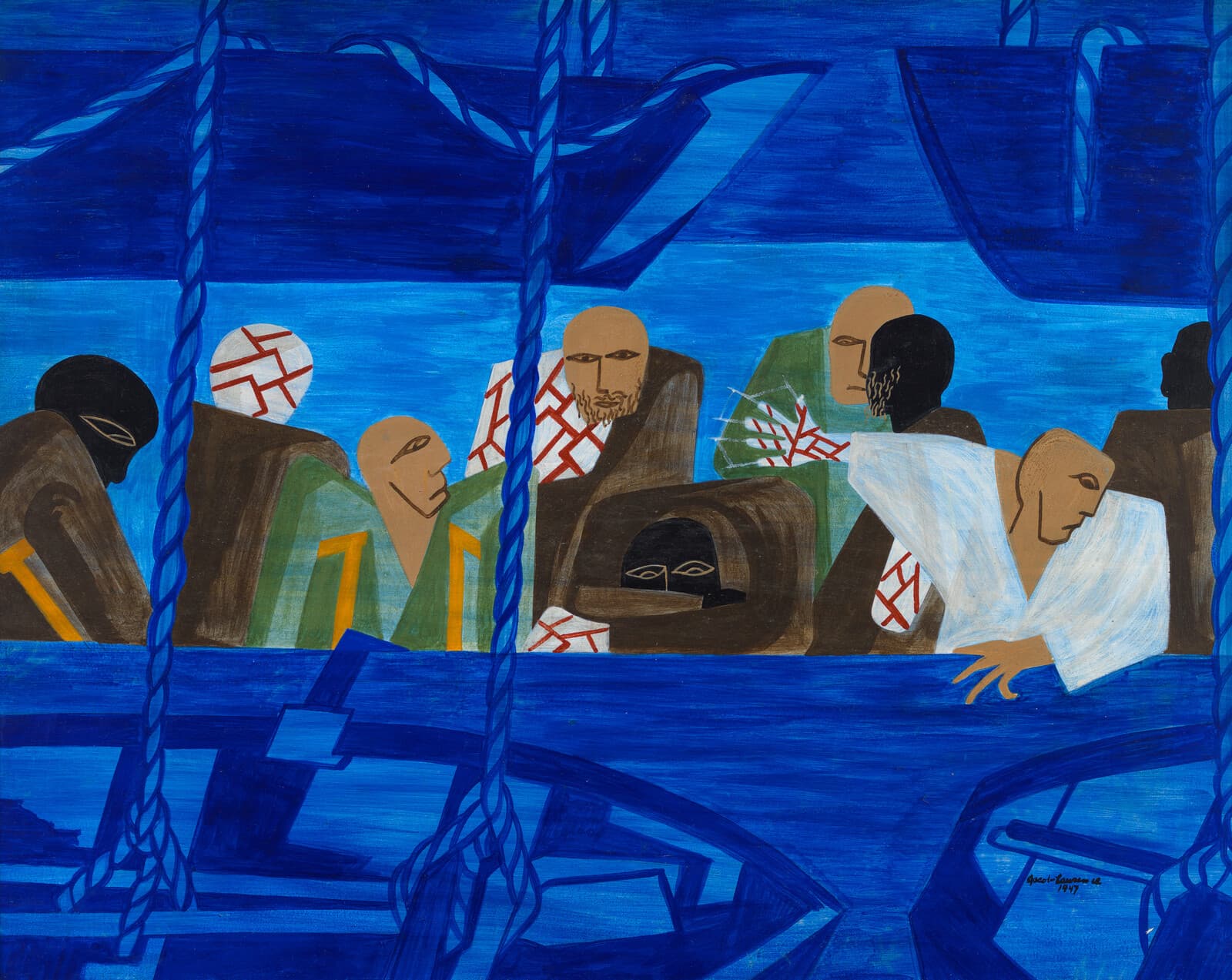 The panel Going Home: a row of wounded men packed along a ship's rail, wrapped in brown blankets, green jackets and white cloth marked with red lines, some with bandaged heads and hands, one with his face wrapped to the eyes, Black and white soldiers side by side. Dark blue lifeboats hang from ropes overhead and the ship's side below is all blue, with the signature Jacob Lawrence 1947 at the lower right