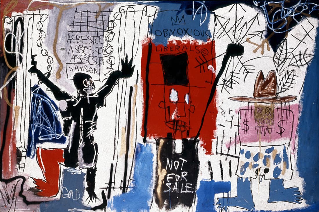 A wide canvas with three figures. At the left a black figure holds both arms out, the raised one ending in a heavy black wedge, with white strokes crossing its torso like bindings and a chain of drawn oval links hanging beside it, under a drawn grid on which the word ASBESTOS is written three times, each less legible than the last, above a drawn box holding the word SAMSON. In the middle a red rectangle carries a figure with a solid black block for a head and two white eyes, its black lower body painted with the words NOT FOR SALE in white; above it a three-point crown is drawn over the word OBNOXIOUS on blue, with LIBERALS and a copyright symbol below. At the right a figure in a wide brown hat has a gold-brown face with crossed-out eyes and drawn teeth, set against a pink band marked with a dollar sign on each side
