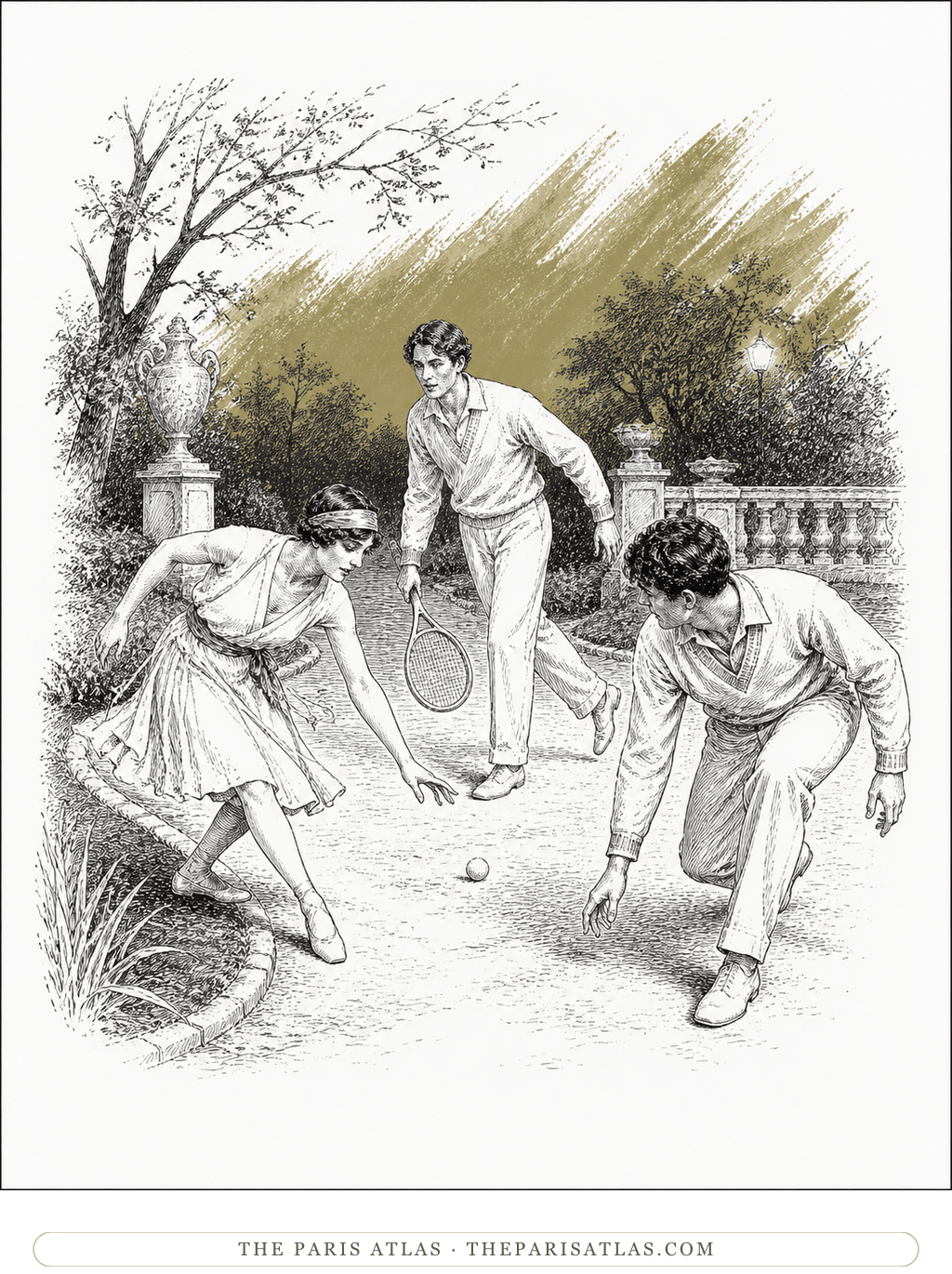 Pen-and-ink illustration of three anonymous 1913 ballet figures searching for a tennis ball in a twilight garden, accented with muted green-gold