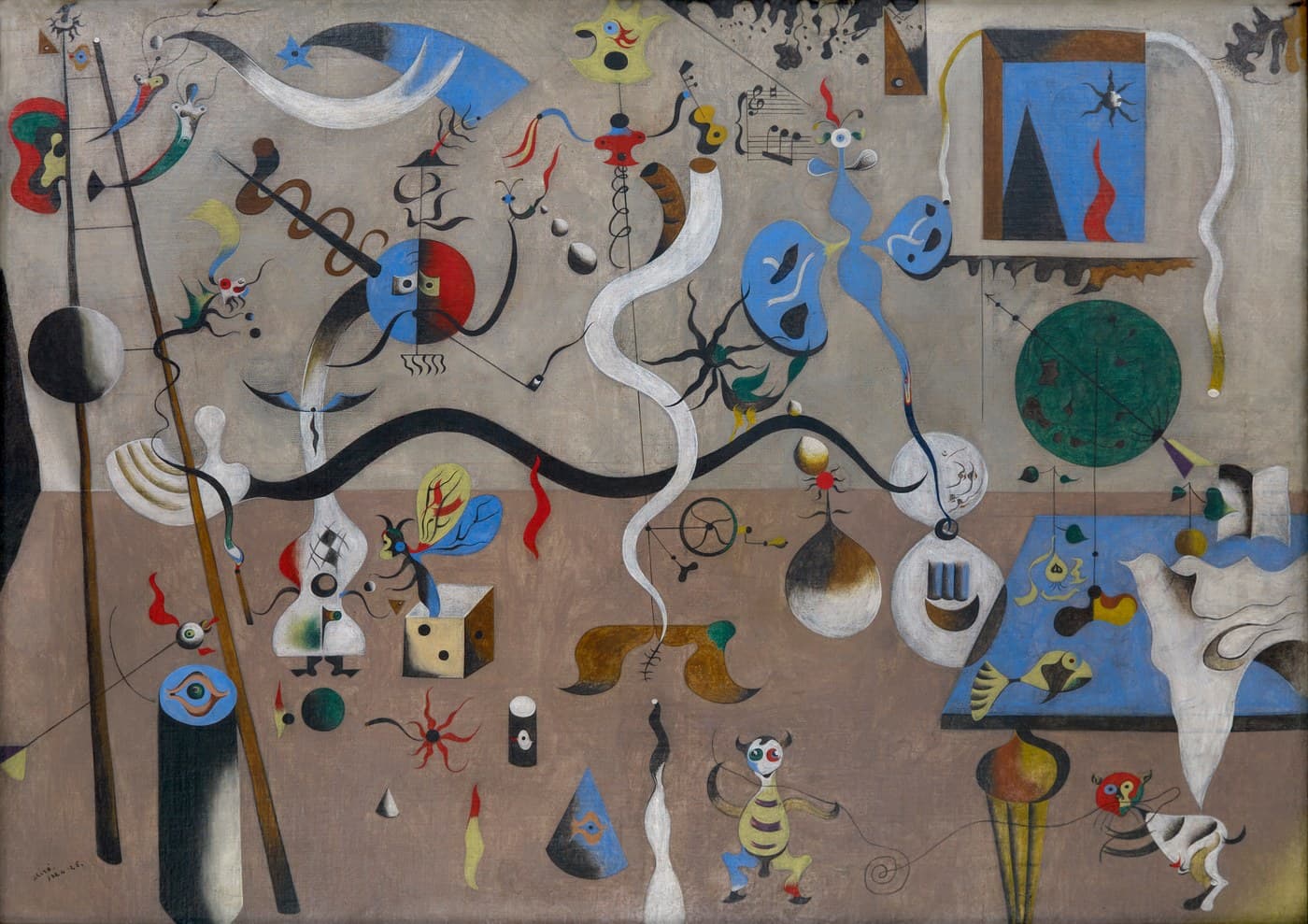 A room with a grey-green wall above and a warm brown floor below, divided by a straight line with a long black wavy line snaking above it. At the centre-left a circular head split vertically, blue on the left and red on the right, carries one silver eye, one olive eye and a long black handlebar moustache, with four wavy strokes beneath for a beard. Below it stands a white bottle-shaped body latticed with black diamonds, a black ring cut through its middle showing the floor, a red flame at the shoulder and two black feet in pointed shoes. The floor holds a moth with a yellow and blue wing dipping into an open white die, a black bead with wavy red arms, a dark green sphere, a blue cone with an orange-ringed eye, a white wavering column and a yellow creature banded in purple dancing in blue cuffs and black shoes. A window framed in brown opens at the upper right on a blue field with a black mountain, a red flame and a spiky black star, beside a yellow guitar and a stave of music. A blue table at the right carries one fish with a striped tail and a red eye under hanging green leaves, with a large white cloth draped over its corner and a cat with a red and green face running off below with a thread in its mouth