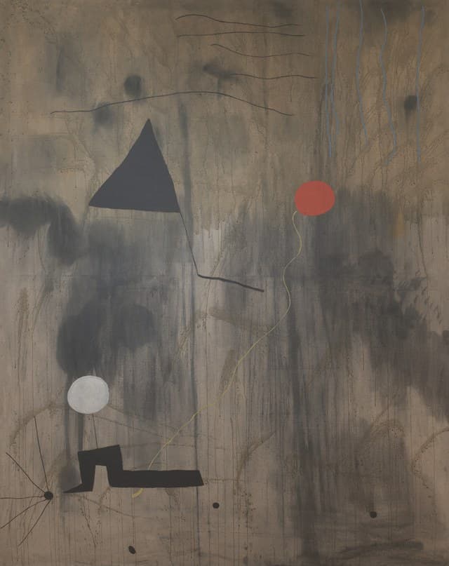 A tall canvas whose ground is a mottled field of grey-brown washes, dark where the paint soaked into the cloth and pale where it stayed on the surface, with long vertical drips and smoky patches at the upper left, the left edge and the right. Four short black wavy lines are stacked at the top centre-right with one much longer line running beneath them, and four thin blue verticals waver down from the top right. A black triangle sits high on the left with a thin black line bending twice as it runs down to the right. A red-orange disc hangs at the upper right, trailing a pale yellow line in a long curve to the lower left. Near the bottom left a chalky white circle floats above a thin black stem that meets a solid black blocky form lying along the bottom, and a black dot throws out five straight rays beside it. Three small black dots sit near the lower edge