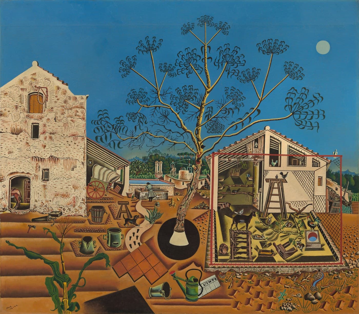 A Catalan farmyard under a flat blue sky with a small white moon at the upper right. A whitewashed farmhouse stands at the left with its plaster fallen away in patches, a horse showing through the arched doorway and an iron winch above a studded hatch. A eucalyptus with an ochre trunk rises through the centre, its dark sickle-shaped leaves gathered in rosettes against the sky and its white base standing in a black disc. On the right an open shed and a wired pen are ruled inside a red rectangle, holding a dark goat with a white dove on its back, four rabbits and a rooster on a red and blue dish. Bare tilled earth fills the foreground with a maize stalk, an axe, a bellows, a wooden tub, a trestle, two green vessels, a tin pail and a green watering can standing on a newspaper printed L'INTR. A black dog walks a pale path beside two short rows of bird prints, a woman works at a stone trough beyond the tree, and rows of conical mounds at the lower right hold a turquoise lizard, a snail, pine cones and stones