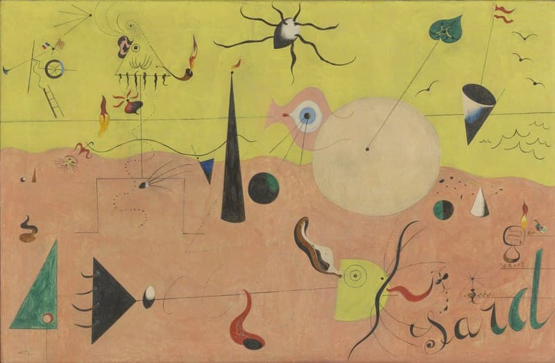 A flat chartreuse-yellow sky over a salmon-pink ground, divided by a slightly wavy horizon. At the left a triangular head with a black handlebar moustache, a round white eye and a hatched beard floats in the sky, and below the horizon a large black triangle with four curved claws points right, ending in a white egg set in a dark lens. At the centre a flattened pink head carries one eye with a pale blue iris and four fine whiskers, beside a large flat cream disc holding a single black dot with a thin line running off it. A blue, white and red tricolour, a hatched rectangle, a dark ring and a wooden ladder occupy the upper left; a dark green leaf on a string, a red pennant, three small gull marks, a hanging cone and rows of small black arcs for the sea occupy the upper right. The word sard is written large across the lower right, the s and a dark and the r and d in teal green