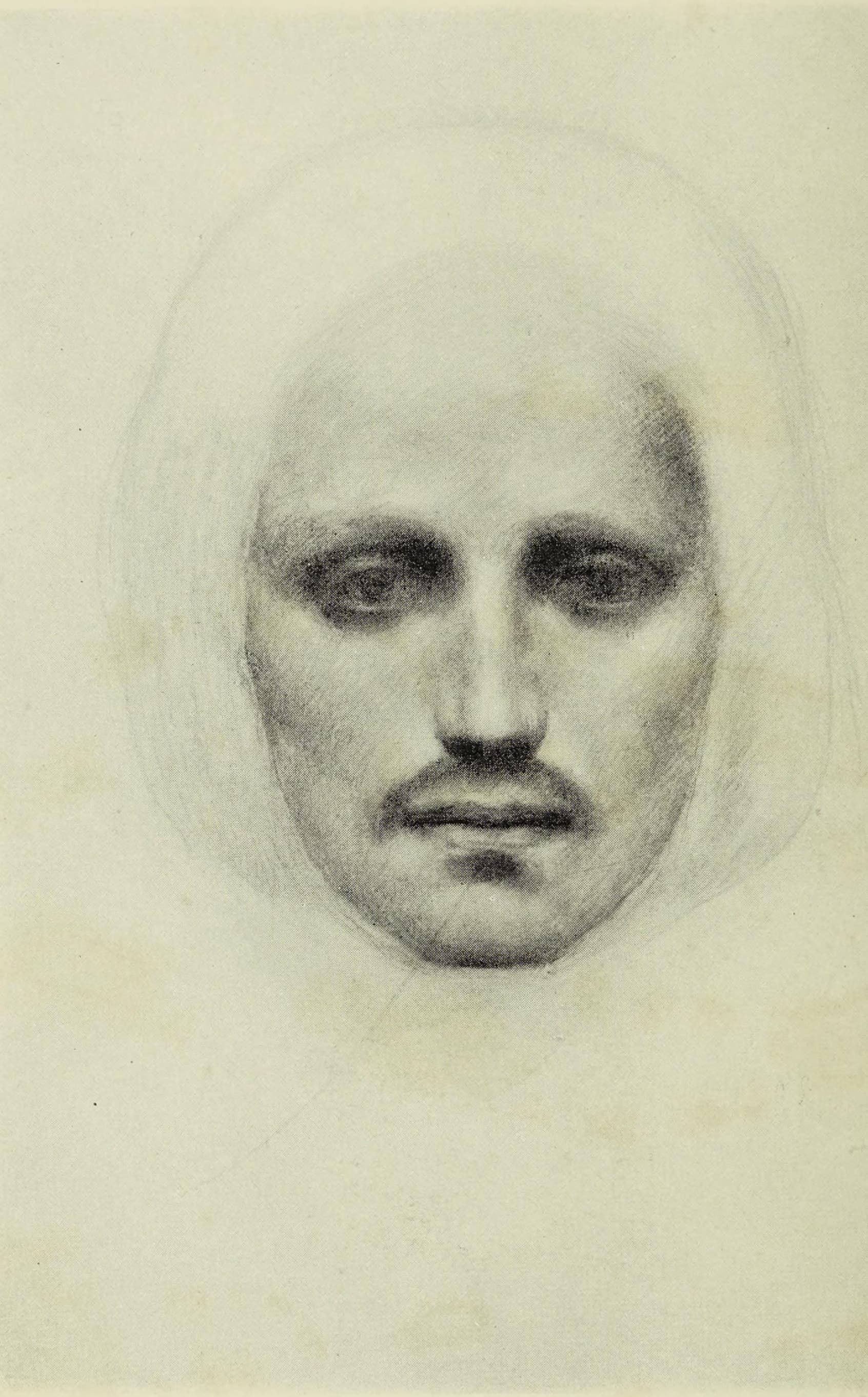 A charcoal drawing of a man's face seen straight on, filling the plate. The eyes sit in deep shadow, with only the eye on the viewer's left showing a drawn iris. The nose is long with a highlight down the ridge, and a dark moustache crosses the closed mouth. Hair falls on both sides as long pale vertical strokes, with the top of the head marked by a single faint arc. Below the chin the drawing stops, leaving bare paper crossed by two faint lines