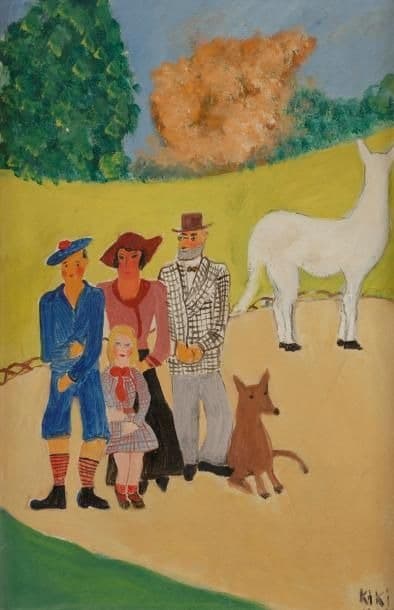 Four figures stand shoulder to shoulder on a pale sandy path crossing a yellow-green slope. At the left a tall figure in a blue jacket and shorts wears a blue bonnet with a red tuft, red and white striped stockings and black boots. Beside them a woman in a dark red wide-brimmed hat wears a pink jacket over a long black skirt. A small blonde girl in a pink checked dress with a red bow stands in front. A bearded man in a dark red bowler hat and wire spectacles wears a black and white checked jacket with pale grey trousers. A tall white animal with a long neck and dark hooves stands on the path at the right. A brown dog with pointed ears sits in the open ground. A dark green tree fills the upper left and an orange-leaved tree stands in the middle distance