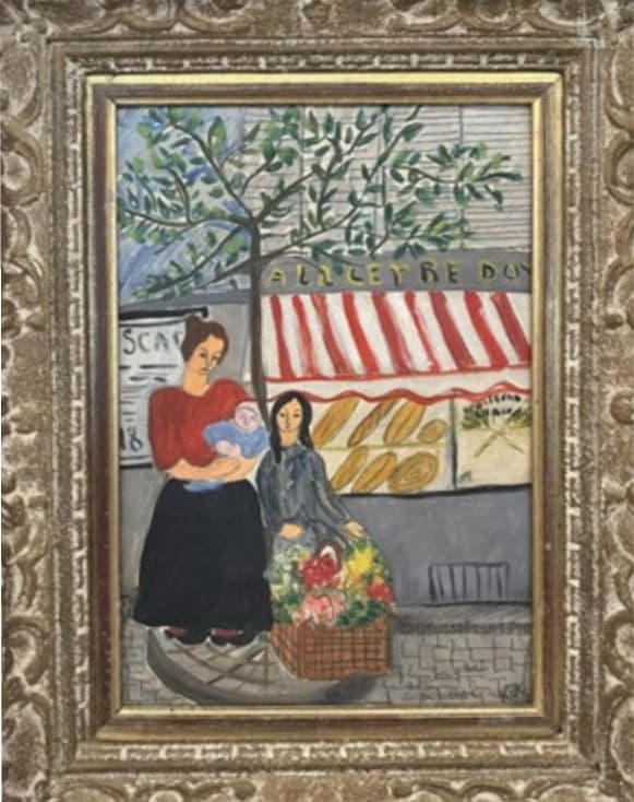 An upright painting in a carved silvered frame. A woman in a dark red blouse and long black skirt stands at the left holding a baby wrapped in blue with a pink cap. A second figure in a blue-grey coat, with long black hair, sits behind a large wicker basket packed with red, pink, white and yellow flowers. Behind them a bakery window shows rows of long golden loaves under a red and white striped awning with a scalloped red valance. A grey fascia above the awning is lettered in pale gold. A tall poster lettered SCA stands at the left edge, and a thin-branched tree crosses the top
