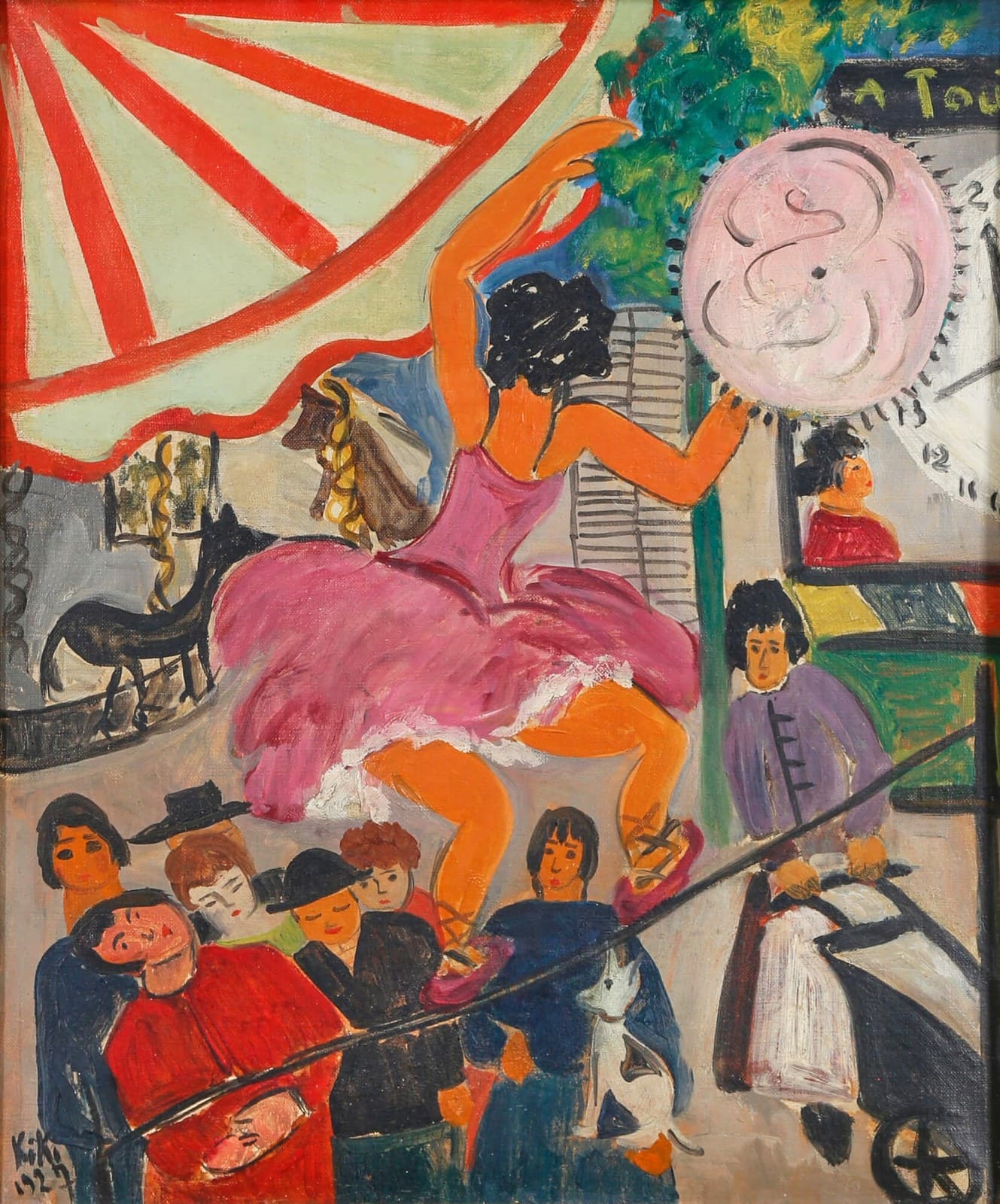 A woman in a pink skirt over a white frilled petticoat dances at a fairground, her arms and legs painted flat orange, her hair a solid black mass. One arm curls above her head; the other hand rests at the rim of a large pale pink disc ringed with short black dashes. A canopy striped red and cream fills the upper left corner, a brown horse's head in a gold braided harness comes forward at the left, and a band of spectators in hats fills the lower quarter with a white and tan dog among them