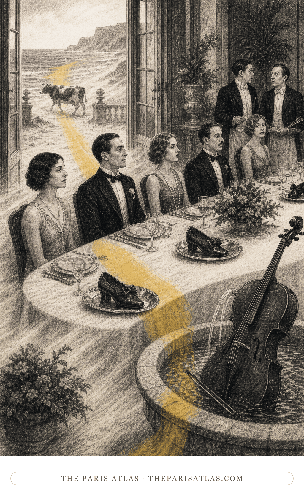 House editorial illustration for L'Âge d'Or: formally dressed adults sit at an invented surreal seaside dinner with shoes on platters, a cello in a fountain, and a cow on the terrace.