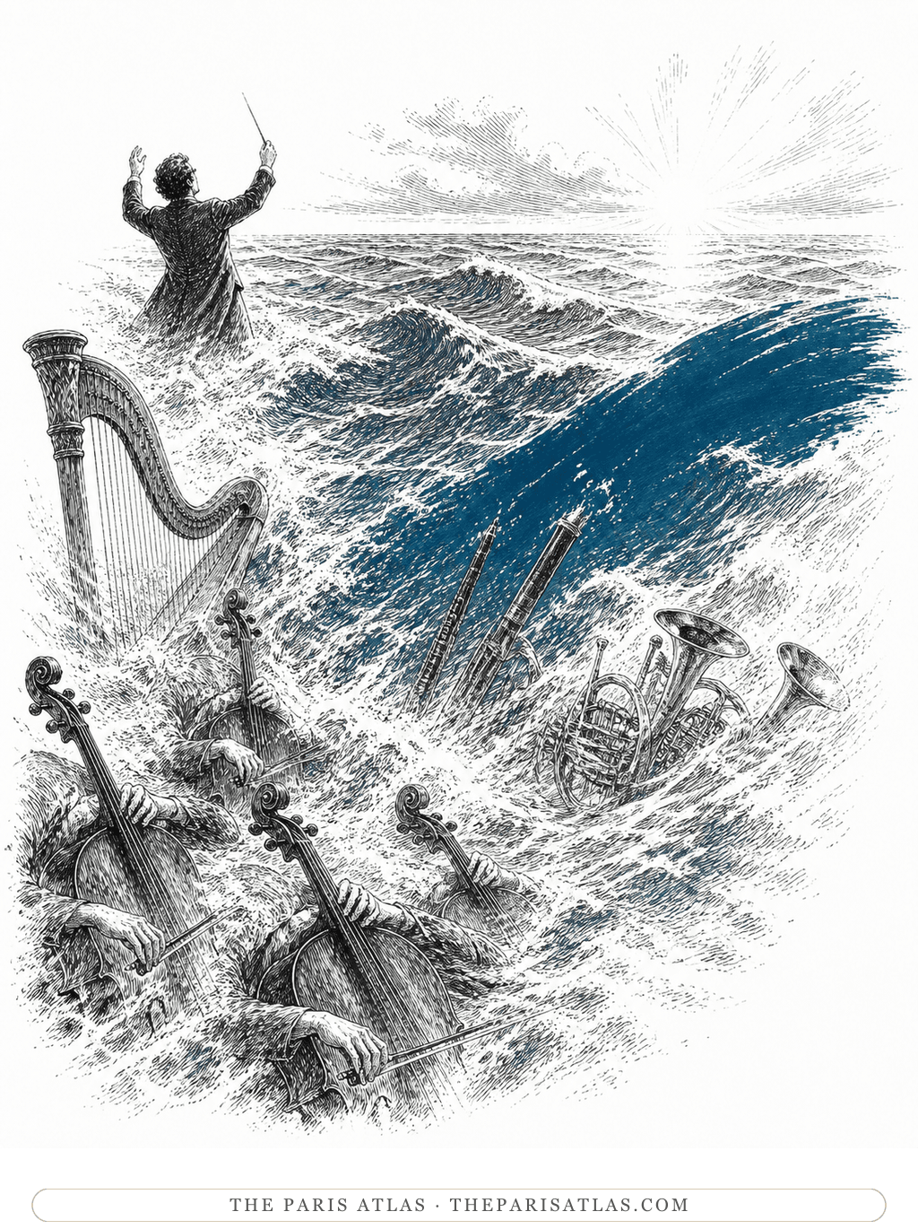 Pen-and-ink illustration of a conductor and orchestral instruments swept into engraved ocean waves with a deep-blue brush stroke.