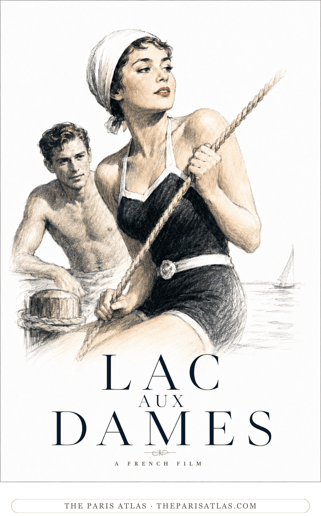 House poster illustration for Lac aux Dames: a woman in a dark maillot and white headscarf holds a rope beside a young man at a lakeside, a sailboat behind, above the title in the house style