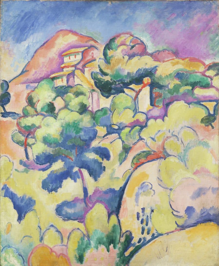 Georges Braque's Landscape at La Ciotat: a Mediterranean hillside, trees, and ochre buildings are compressed into heavy outlines and interlocking areas of intense green, red, blue, yellow, and violet