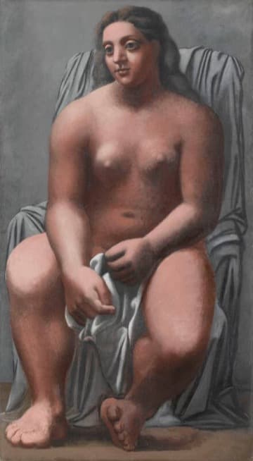 A massive seated nude woman with heavy sculptural limbs, drapery across her lap, against a plain grey ground