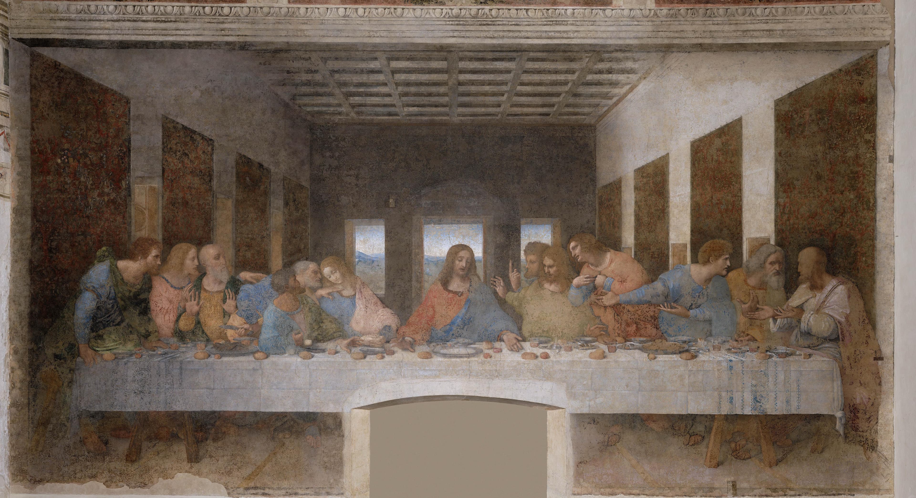 Leonardo da Vinci's Last Supper, with Christ seated at the center and twelve apostles reacting in groups along a long table