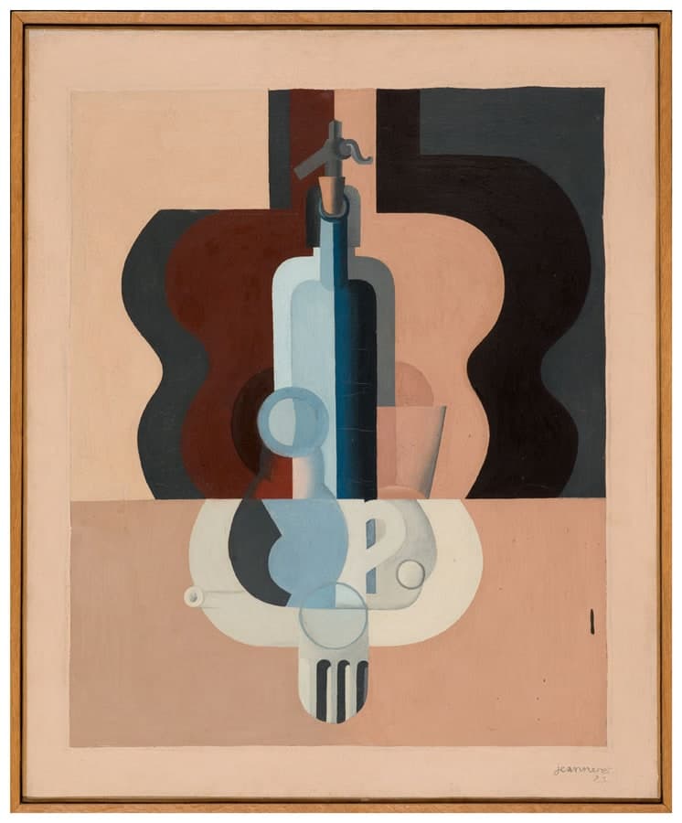 A tall still life in a plain pale wooden frame. A soda siphon stands at the centre, its body split between pale blue-white on the left and deep navy on the right, with a tan neck and a grey tap from which a dark lever curls to the right. Two guitar outlines stand behind it, one dark red-brown at the left and one solid black at the right, against a dusty pink ground divided by a straight horizontal edge. A pale cream tumbler sits to the right of the siphon. Below, a broad white dish lies flat with circles cut into it, a pale blue disc overlapping at the upper left, and a white fork with four dark tines pointing down at the bottom. Jeanneret and the numerals 21 are written at the lower right