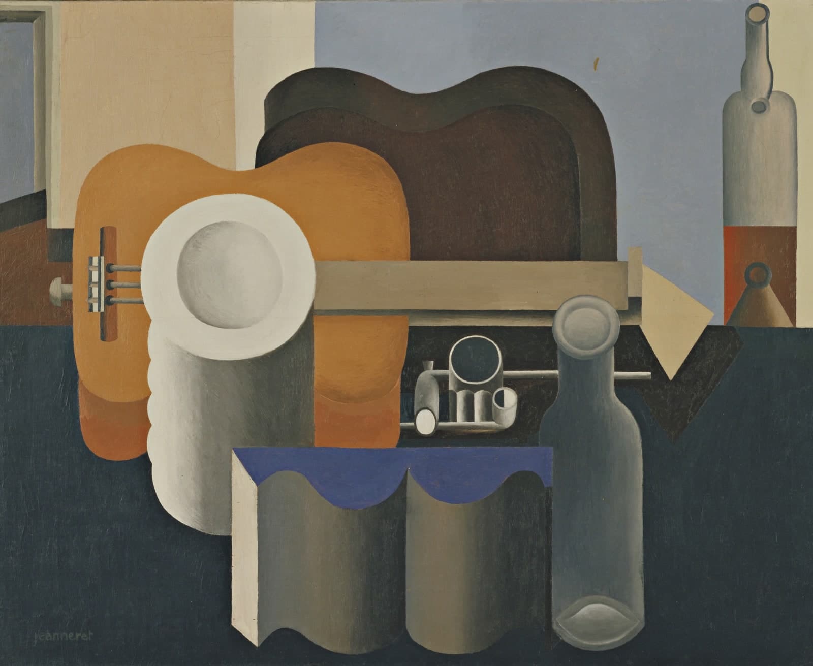 A flat frontal still life. A guitar in orange-tan fills the left half with four strings drawn on it and a large white plate laid over its soundhole. A dark brown guitar body curves across the top behind it, a white column with a scalloped edge stands below the plate, and a long grey bar crosses the middle to a beige arrowhead. A small grey bottle stands at the top right against pale blue and a large grey-green bottle in front at the lower right. A grey form folds into two scallops over a strip of strong blue at the bottom centre, and the background is flat panels of cream, pale blue and deep blue-grey