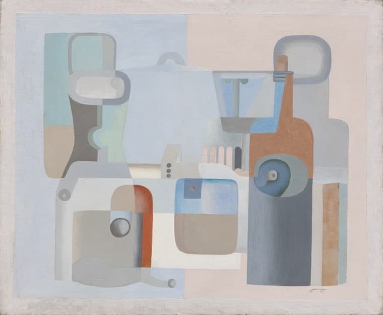 A still life on a ground split down a vertical seam, pale blue on the left and pale pink on the right, inside a pale painted frame. Two matching rounded rectangular outlines stand at the top corners, one blue-green and one grey, with a large pale blue-grey lidded mass and a small arched handle between them. An orange-brown bottle with a stepped grey neck stands below the right outline, above a grey-blue circle in a pale green oval and a large slate-grey cylinder. At the lower left a pale grey rounded rectangle holds a beige field, a shaded grey sphere and a rust-orange curved band, and a white horizontal band crosses the centre carrying a pale blue rounded square with a small brown dot