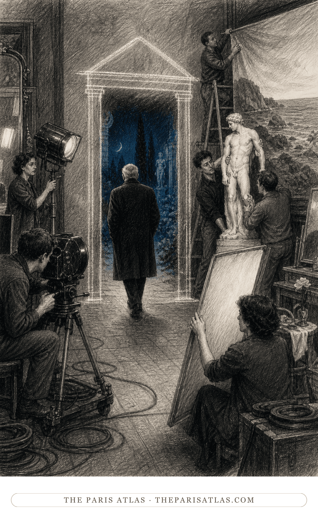 House editorial illustration for Testament of Orpheus: a generic older poet crosses a chalk doorway on a populated film set with camera, reflectors, statue, mirrors, and painted seashore.