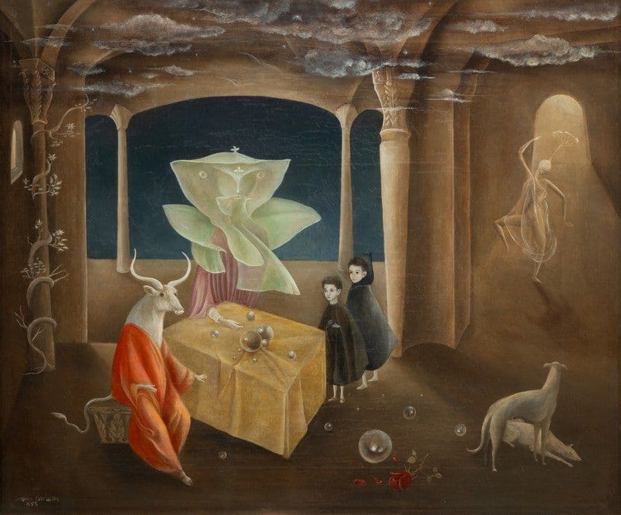 A brown vaulted room with grey clouds drifting along the ribbed ceiling and a tall arched opening onto a dark blue night sky. At the left a figure with a white bull's head, long curving horns and a full orange-red robe sits on a carved stool with two thin pale hands on and beside a yellow draped table. Clear glass spheres sit on the cloth and lie scattered across the floor. Behind the table stands a figure built of broad pale green leaves, the upper leaf spreading like a hood with two round eyes inside it and a small white flower on its crown, over a pleated pink column. Two barefoot children in dark cloaks stand at the right, and beyond them a lit niche holds a translucent dancing figure while two pale hounds wait below. A red rose lies on the floor at the bottom centre