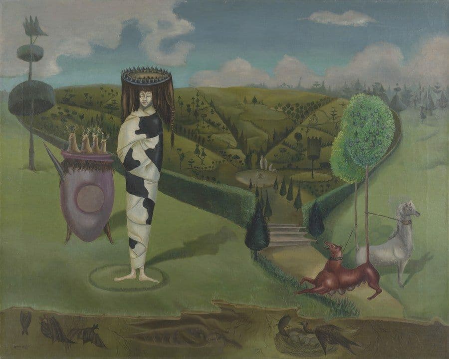 A figure stands on a green lawn wrapped from shoulders to ankles in a cream cloth blotched with large black patches, her arms bound to her sides and her bare feet inside a faint circle on the grass. Her eyes are closed, her dark hair hangs straight at each side with one long plait, and a ring of dark blue spikes sits on her head. To her left a large mauve egg-shaped body with a pale disc, a bristly rim and small hooves carries four pale antlered animals along its top. Behind is a formal park of clipped hedges, topiary cones and spheres, a wire cage and an oval pool with a fountain. At the right a dark red animal lies on the grass with its jaws open and a white horse stands beside it, both collared and tethered to bare poles. Along the bottom the ground is cut open to show bats, roots, a nest of pale eggs with a dark bird over it, and a large buried body