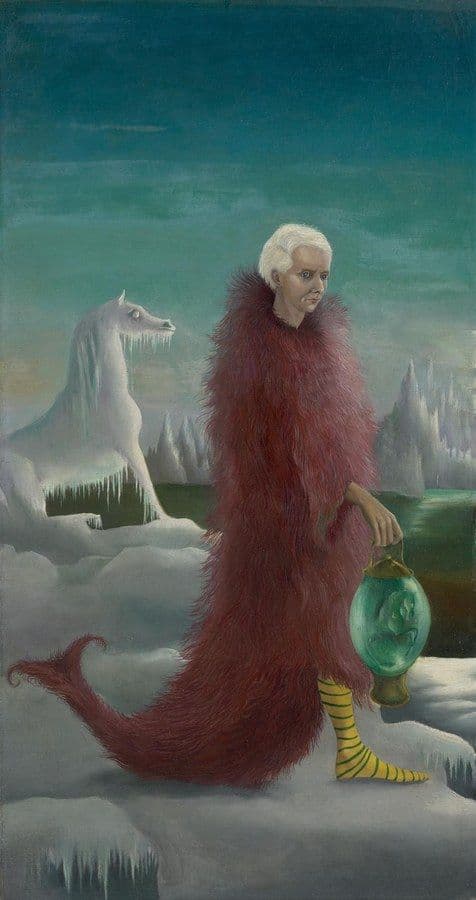 A tall narrow painting of a figure walking to the right across a snowfield in a floor-length coat of shaggy dark red fur that runs on behind him as a long curling tail. The head is turned back towards the viewer, with white hair swept off a high forehead, pale skin and blue eyes. One hand holds a lantern by a thin brass loop: a green glass ovoid with brass fittings above and below, with a small pale horse standing inside it. One leg shows a stocking striped yellow with diagonal dark-green bands, running over the foot to a point on the snow. At the left a white horse's head and neck rise out of an ice bank with icicles hanging from the jaw, and pale ice pinnacles and a strip of dark green water lie beyond, under a sky that goes from deep teal to cream