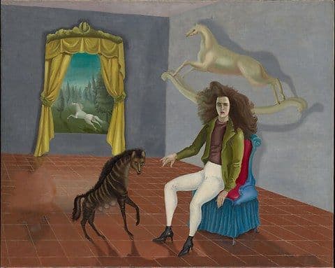 A young woman sits forward on the edge of a blue chair with a crimson back panel in a bare grey room with a terracotta tiled floor. She wears white jodhpurs, a green jacket over a plum-coloured top and black high-heeled ankle boots, and her dark hair stands out from her head in a wide mass. Her right hand reaches towards a striped brown and black animal with a shaggy mane, a bushy tail and a row of pale swollen teats, which stands in the middle of the floor with its head turned to the viewer. A tailless cream rocking horse hangs on the wall behind her, casting a hard shadow. At the left a window hung with heavy yellow curtains opens onto a green landscape of dark conifers where a white horse gallops away