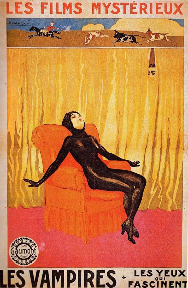 Achille Mauzan's 1916 poster for Les Yeux qui fascinent: Irma Vep in black looming over a hypnotized Philippe Guérande