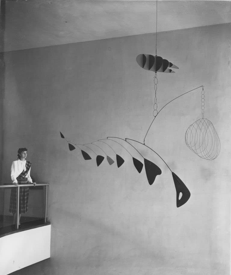 Lobster Trap and Fish Tail: a hanging mobile of black wire cage forms and flat fin-shaped aluminum blades balanced on curving wires