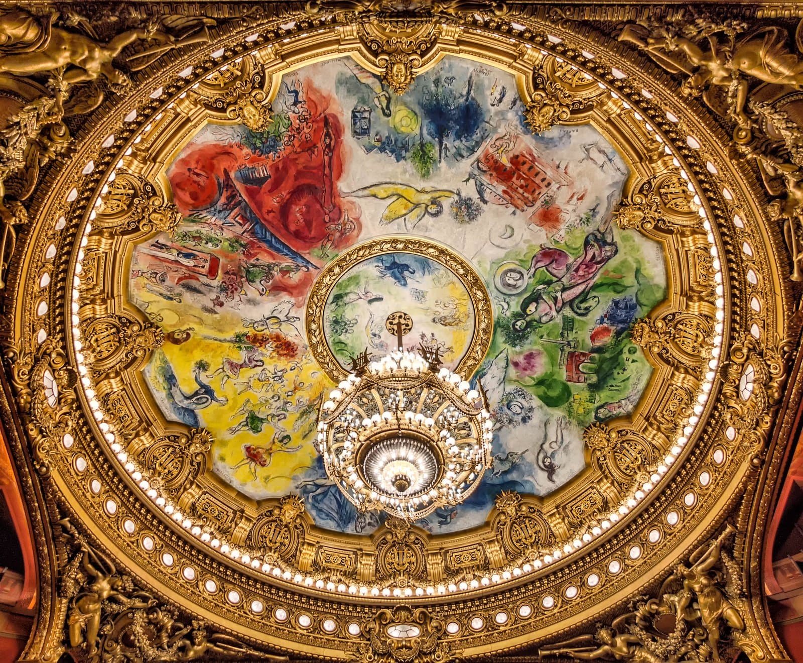 The domed auditorium ceiling photographed from the floor, ringed by heavy gilt cornice, carved trophies and a band of white lamps. Inside the gilt ring a painted crown runs round the dome in broad fields of red, blue, green, yellow and white, crossed by small figures of dancers, lovers, angels and musicians and by outlined buildings. A separate circular panel sits at the centre in its own gilt frame, pale with small figures. The crystal and gold chandelier hangs from the middle of it, its lamps lit, covering part of the central disc