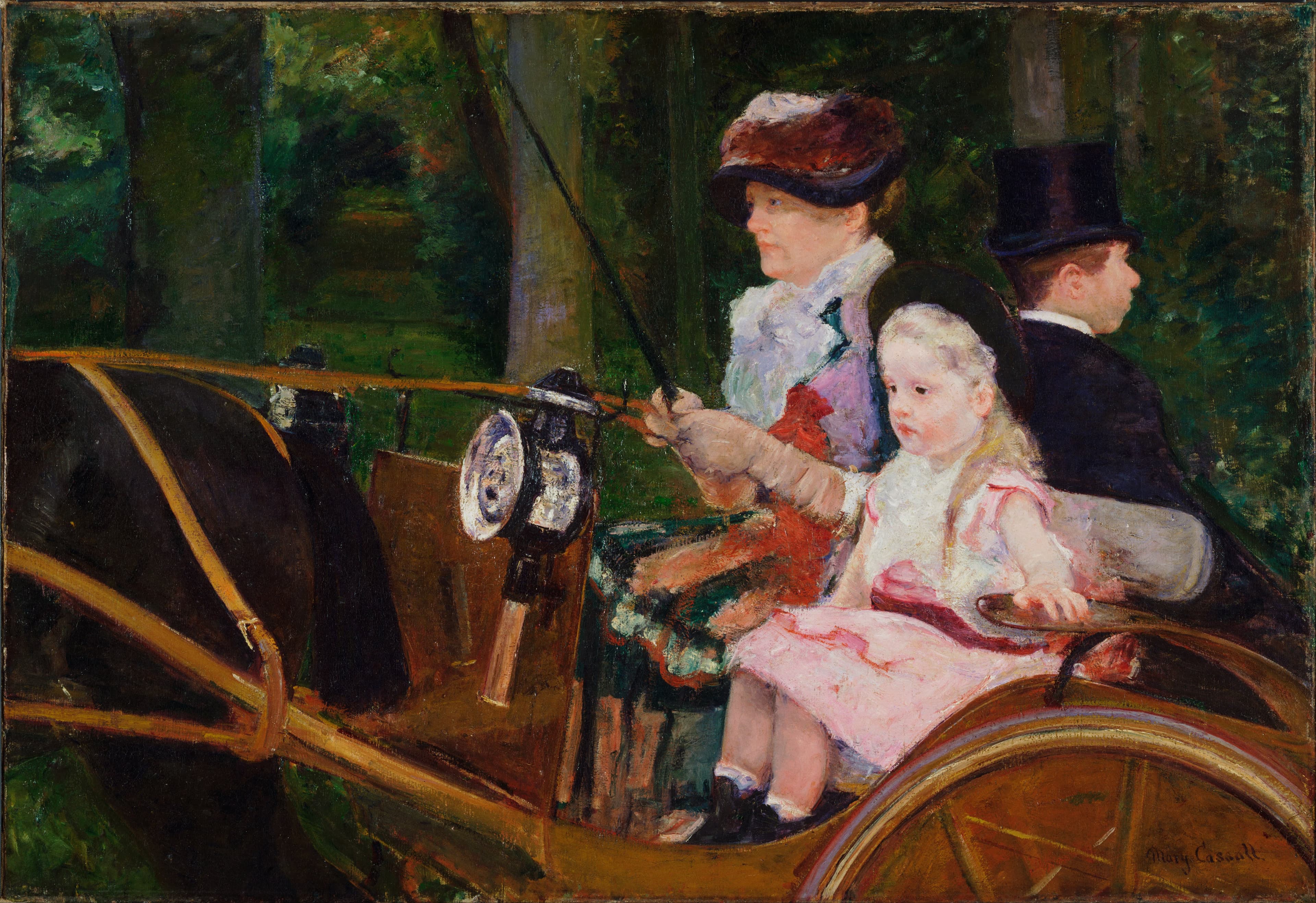 A woman in a dark hat holds the reins and a whip and looks ahead down a park road, a small blonde girl in pink seated beside her, a groom in a top hat turned away behind them at the right, the horse cropped by the left edge of the canvas