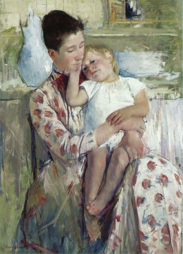 A woman in a printed cotton dress holds a sleepy toddler upright on her lap, cheek to cheek, the room behind them sketched in loose strokes around the cropped back of a chair