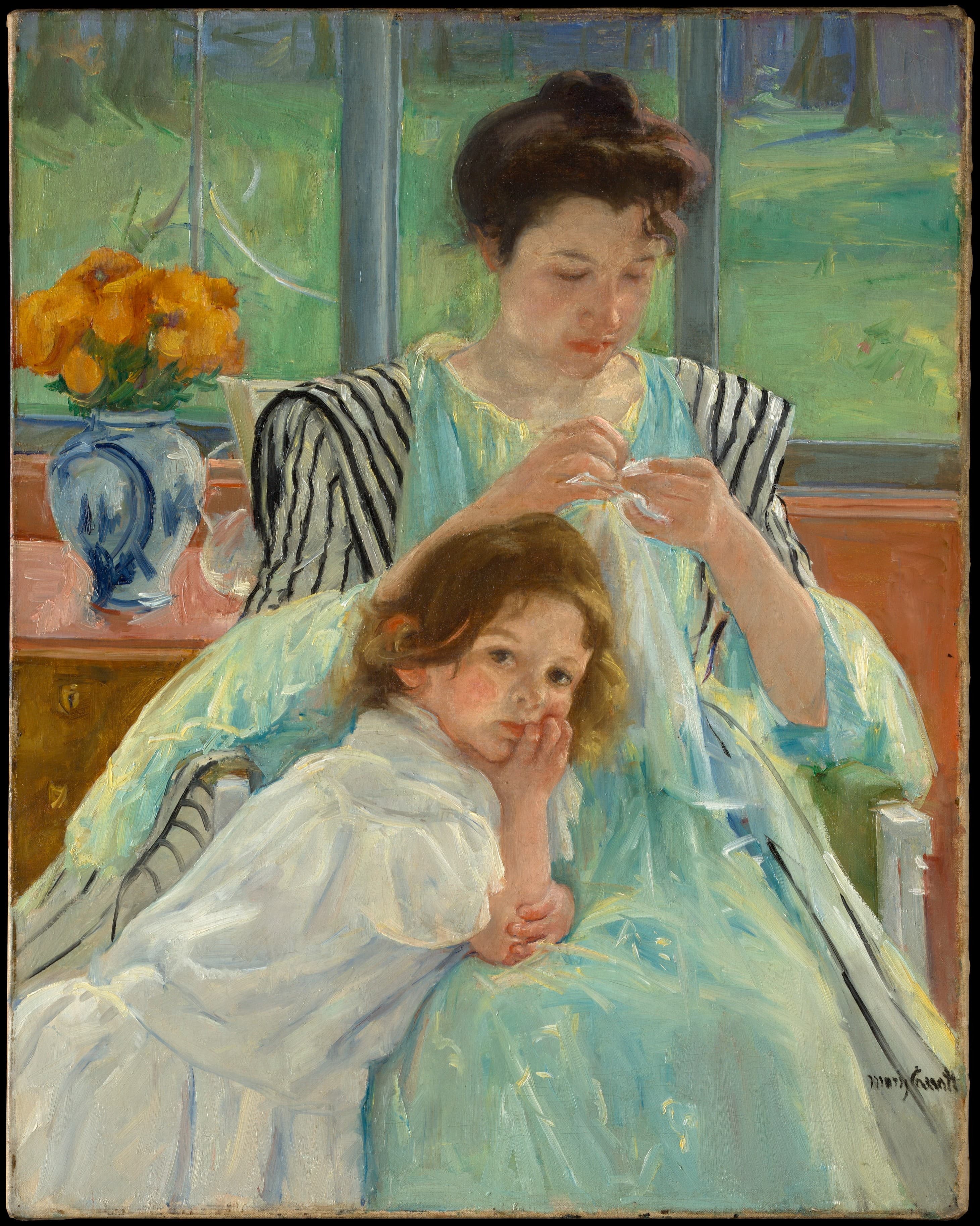 A woman in a pale green dress and striped wrapper bends over her sewing while a small girl in white leans against her knee, chin propped in one hand, looking out at the viewer, with a sunlit window and a vase of orange flowers behind them