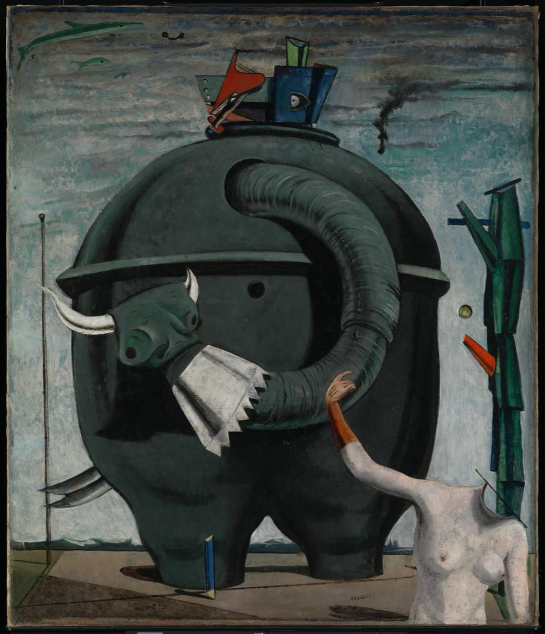 A huge dark round creature like a boiler on two thick legs, with a ribbed grey hose looping from its top to a green horned head in a jagged white collar. A stack of red, blue and green blocks with a painted eye sits on top. Two green fish swim in a streaky sky, black smoke rises at the right, a tall green structure stands at the right edge, and a headless naked woman in the bottom right corner raises a gloved arm toward the hose
