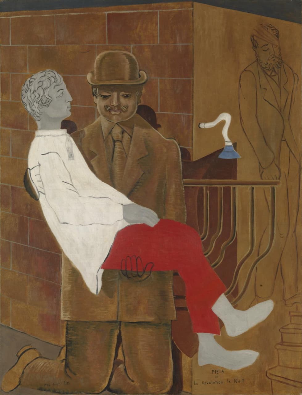 A man in a brown suit and bowler hat kneels, holding across his lap a stiff young man with a grey statue-like head, a long white shirt and red trousers. Behind them is a wall of large red-brown bricks, a white pipe ending in a blue nozzle, and a bearded man with a bandaged head drawn in outline. The title PIETA ou La Révolution la Nuit is written at the bottom right