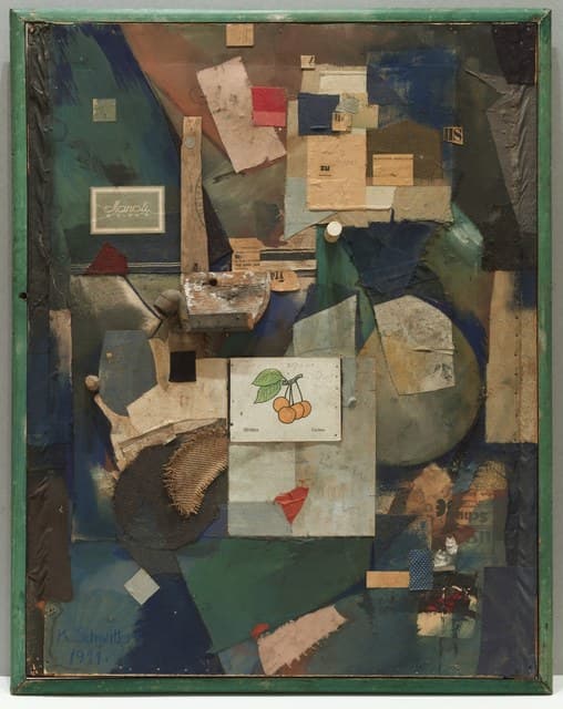 Schwitters's Merz Picture 32 A: layered painted board covered with paper, fabric, wood, metal, cork, labels, printed scraps, and a central vocabulary card showing orange cherries