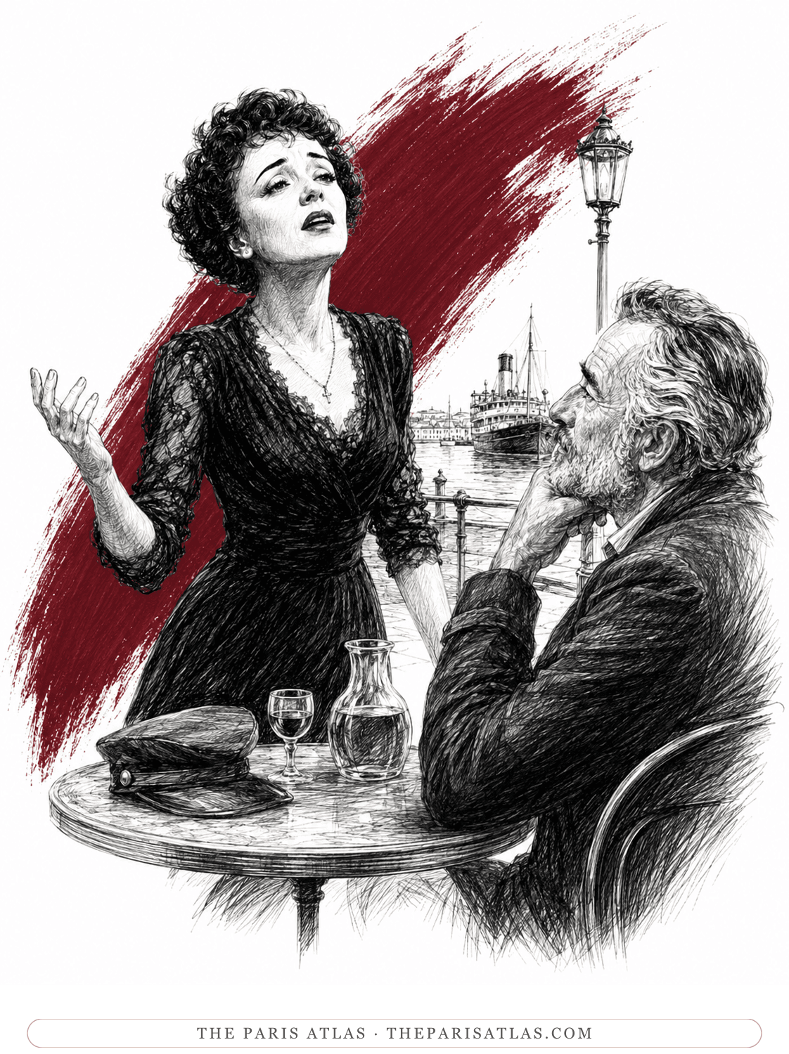 Édith Piaf singing to a weary bearded man seated at a harbor café table against a red wash, a steamship moored at the quay behind them
