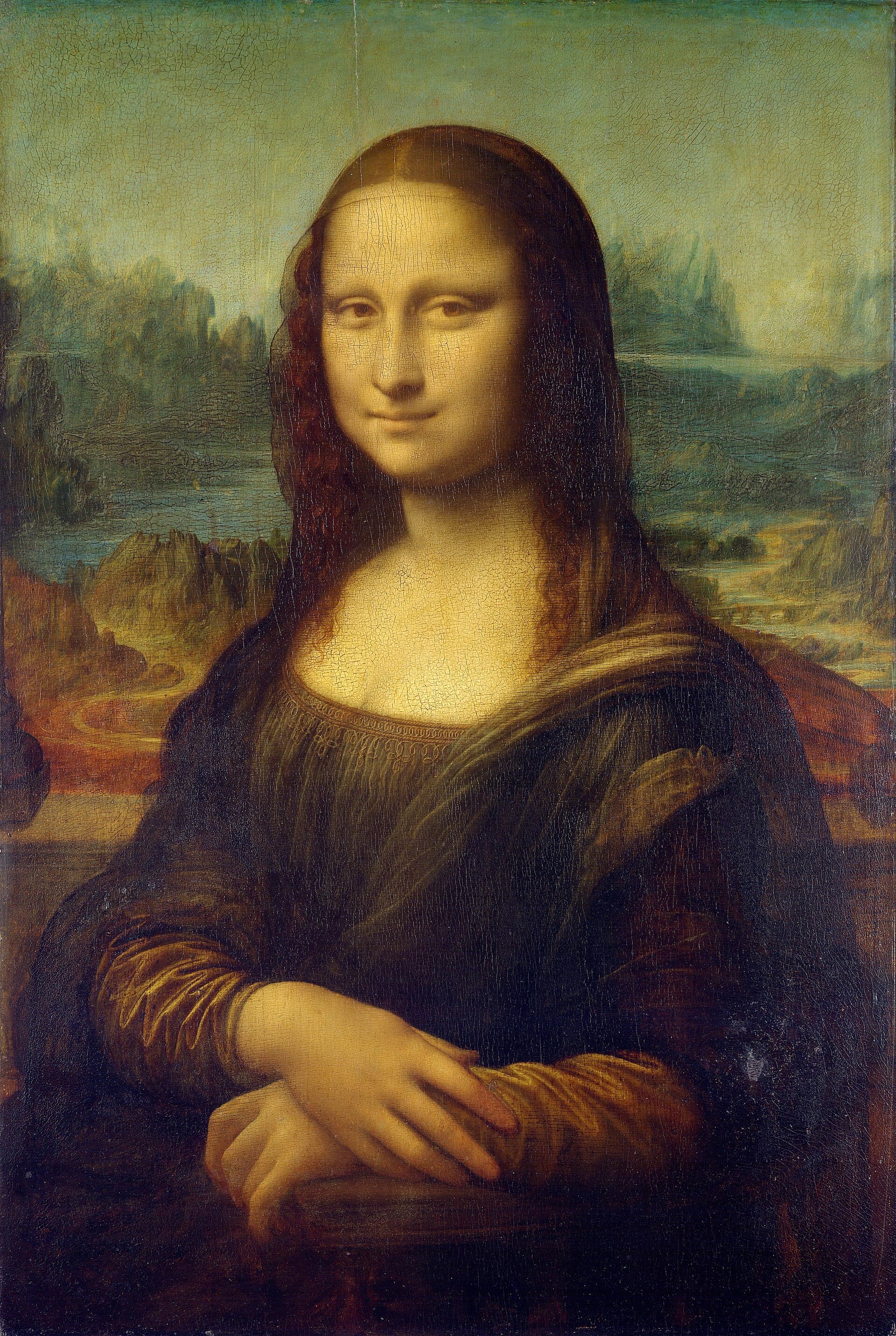 Leonardo da Vinci's Mona Lisa: Lisa Gherardini seated with folded hands before a winding blue-green landscape, looking toward the viewer with a slight smile