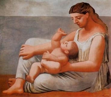 Picasso's Mother and Child: a monumental woman in a white tunic seated by a gray sea, holding an infant who reaches up toward her face