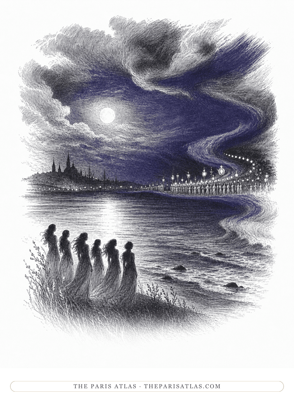 Pen-and-ink nocturnal seascape uniting clouds, a procession of lights and a women's chorus on the shore beneath a deep violet-blue sky