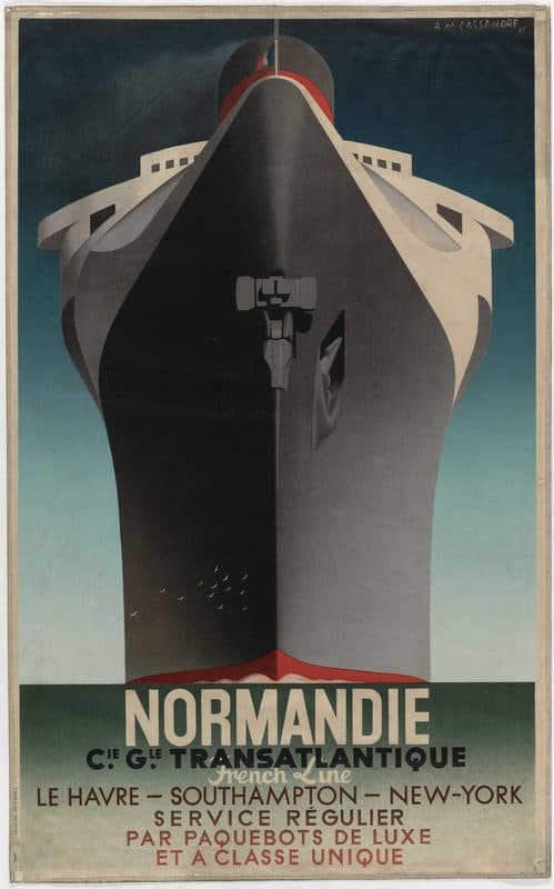 A poster showing an ocean liner head-on, its black bow filling most of the sheet and rising to white deck wings and a single funnel against a dark green sky. A small flock of white birds flies low across the hull, and a red band marks the waterline. Below, in heavy capitals, NORMANDIE, then Cie Gle Transatlantique, French Line, and Le Havre – Southampton – New-York.