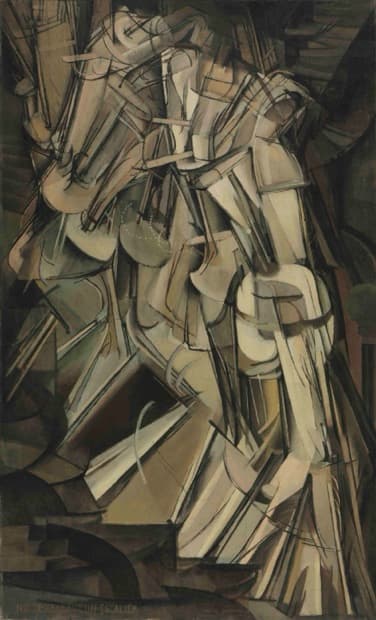 Nude Descending a Staircase (No. 2): a figure abstracted into overlapping tan and brown planes of motion, descending diagonally, the title lettered along the lower edge.