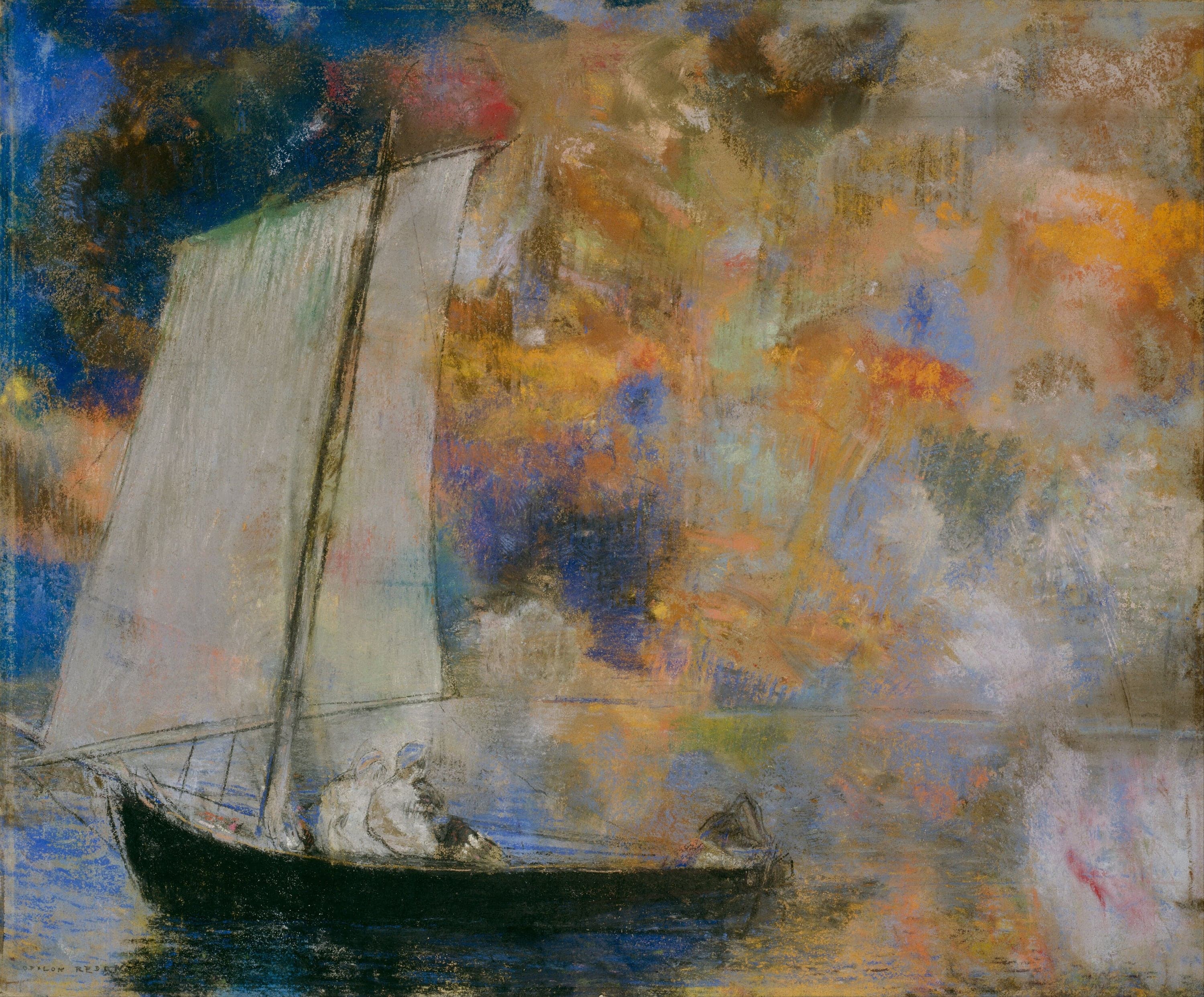 A dark-hulled sailing boat with a tall pale sail carries two white-robed figures, with a dark sketched figure at the stern, across blue water, under a sky worked in patches of orange, yellow, pale blue and white, with a deep blue mass in the upper left corner