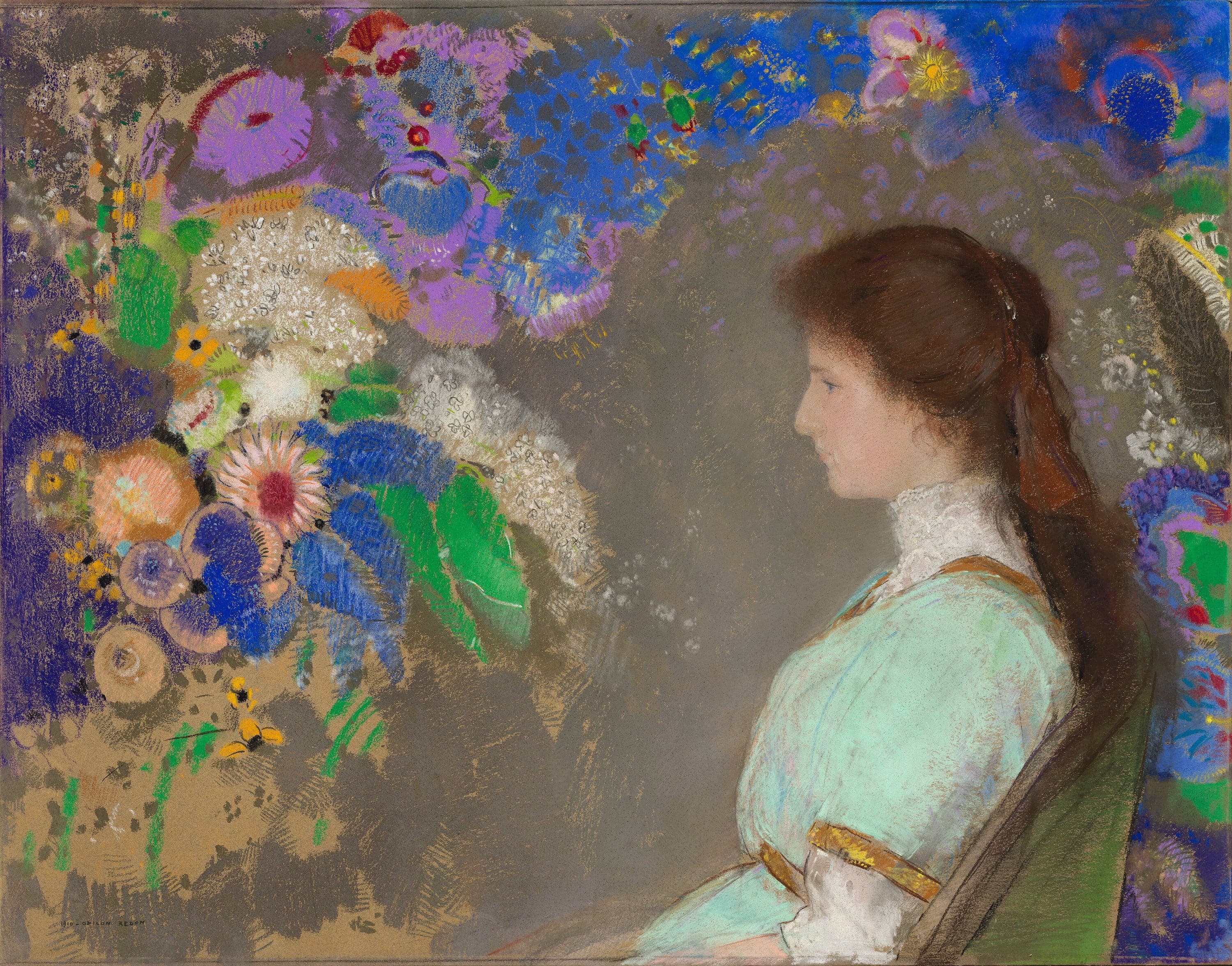 A young woman with auburn hair in strict profile at the right of the sheet, in a pale blue-green dress with a high white lace collar, while the left two thirds carry rounded purple and blue flowers, white umbels, a pink daisy and small yellow flowers on bare gray paper, with more flowers along the top and down the right edge behind her