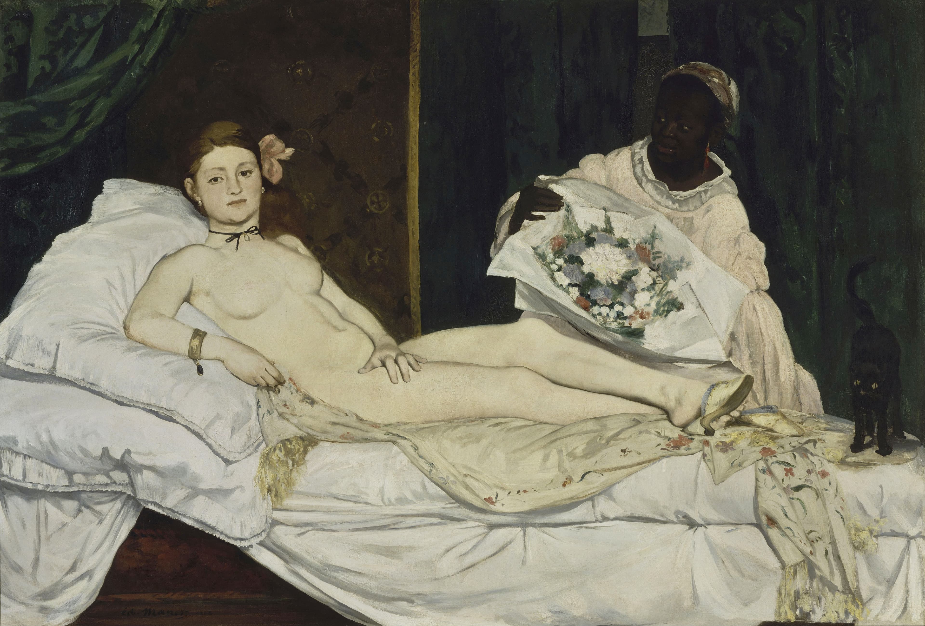 A reclining nude on white bedding beside an attendant holding flowers and a black cat