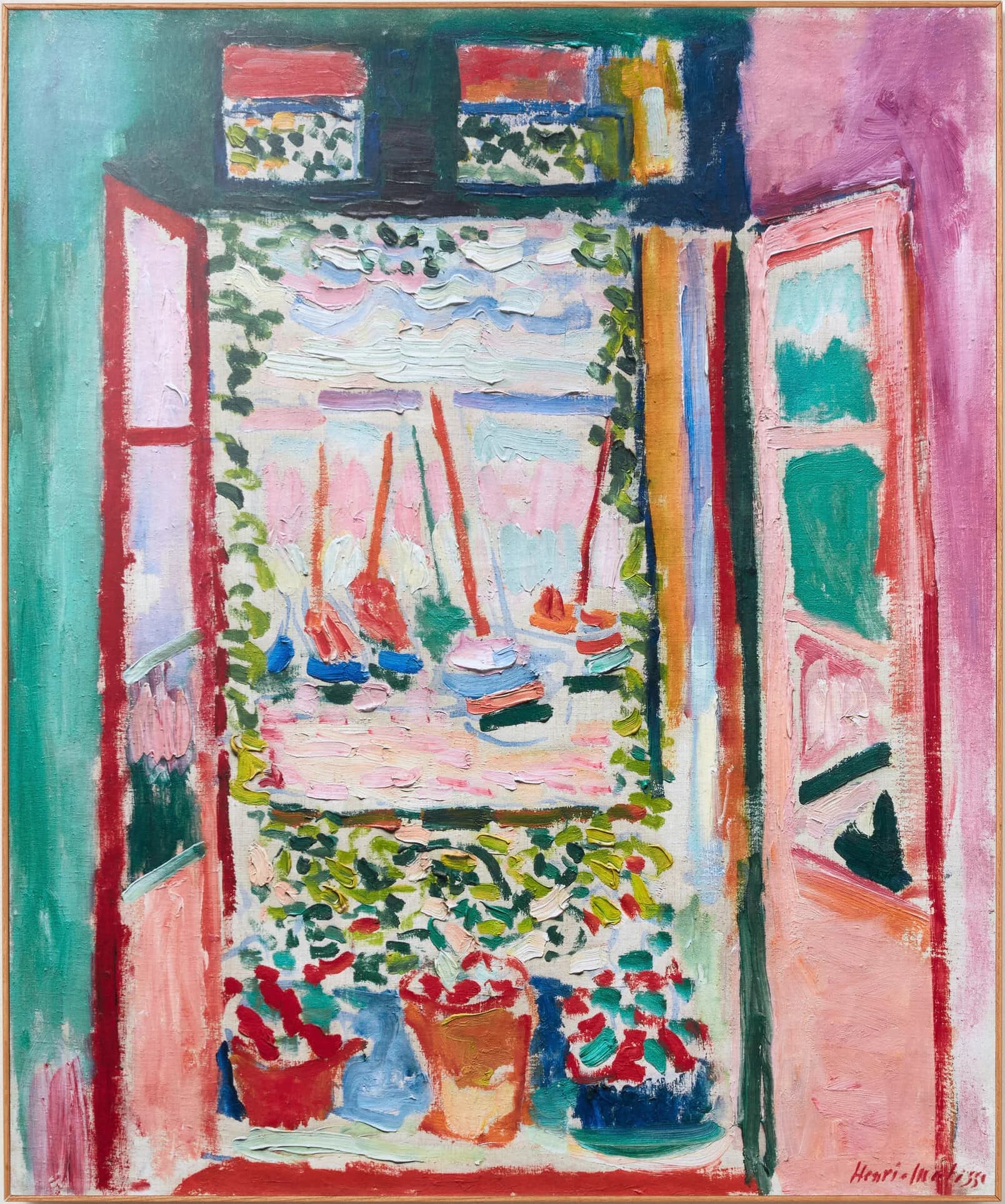 Henri Matisse's Open Window, Collioure: flowerpots stand on a sill between inward-opening red and blue windowpanes, framing sailboats on a harbour rendered in pink, orange, green, and blue strokes