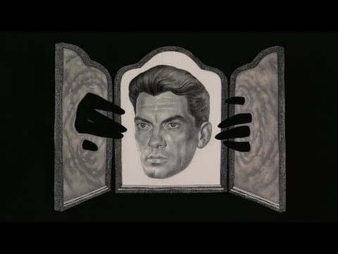Jean Marais as Orphée, his face framed inside a three-panel mirror from the official BFI trailer